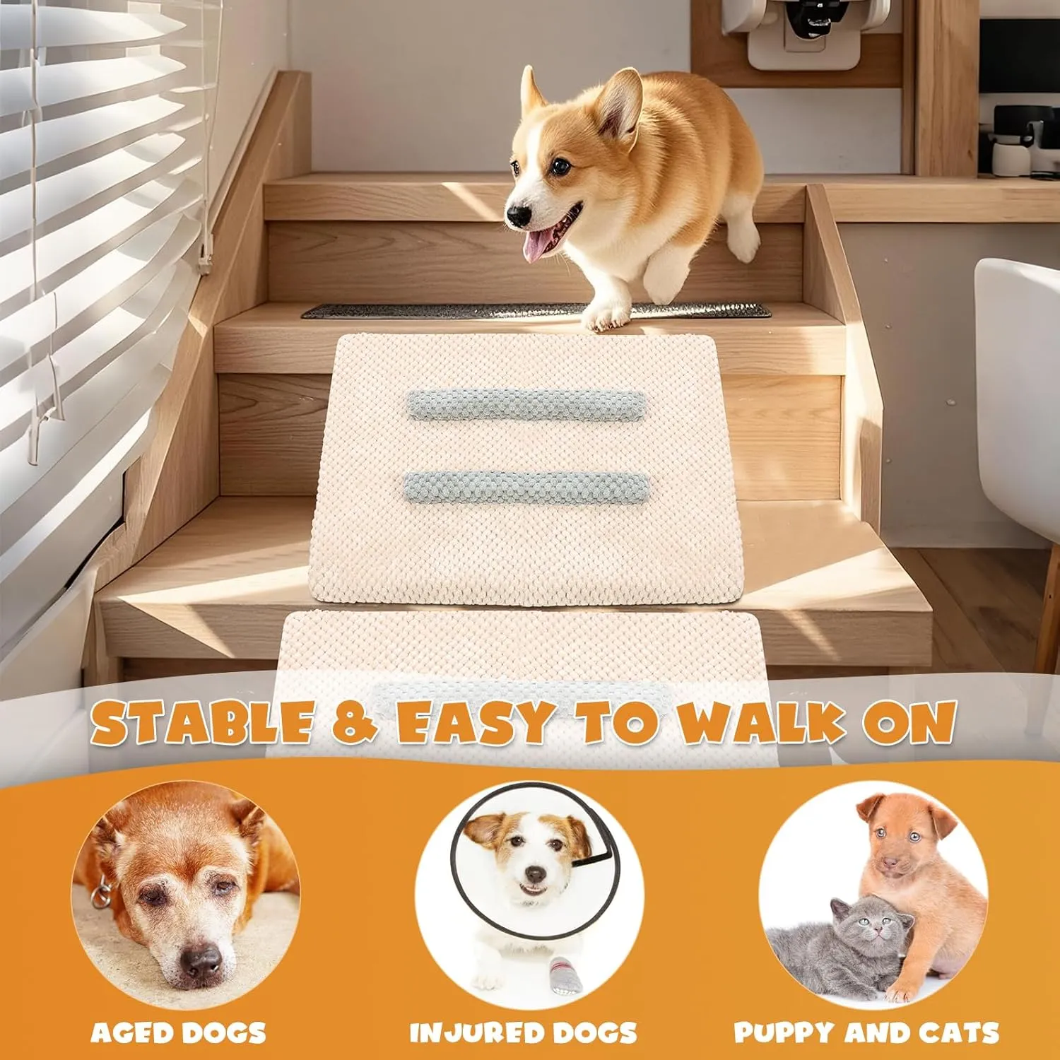 1pack Dog Stairs,Dog Ramp for Stairs Pet Steps with Non-Slip Mat and Anti-Slip Stickers Grippy Carpet Surface for Dog Paws for Any Staircase Pet Ramp for Small Dogs Cats Senior Pets Injured Dogs
