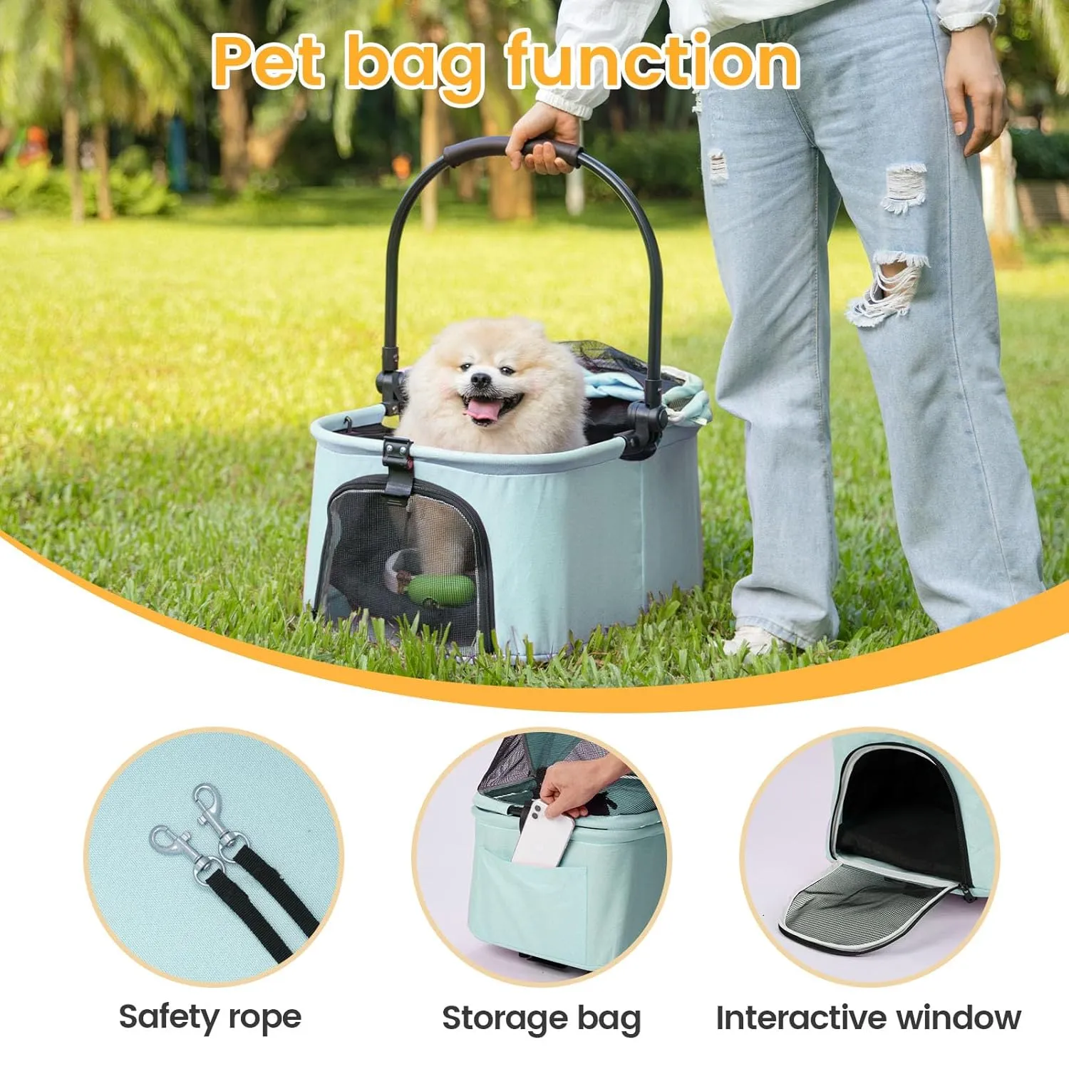 2 in 1 Pet Strollers, Foldable Dog Strollers, Removable Basket, Dogs Carts with Storage Basket, 360 Front Wheel Rear Wheel with Brake, Travel Stroller for Small Medium Dogs&Cats Outdoor (Blue Green)