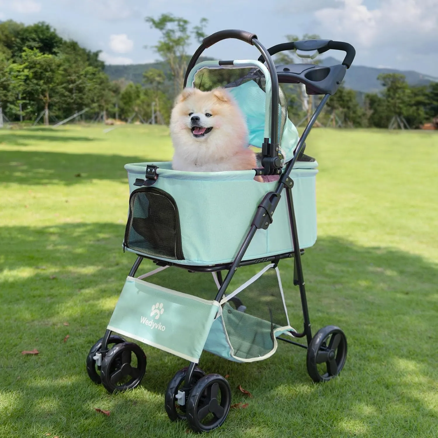 2 in 1 Pet Strollers, Foldable Dog Strollers, Removable Basket, Dogs Carts with Storage Basket, 360 Front Wheel Rear Wheel with Brake, Travel Stroller for Small Medium Dogs&Cats Outdoor (Blue Green)
