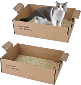 2 Pack Disposable Litter Boxes for Cats, 17.4" x 12.3" x5.4" Large Cardboard Cat Litter Box, Extra Thick Portable Travel Litter Box for Cats, Foldable, Waterproof, Leak Resistant (Large, Count, 2)