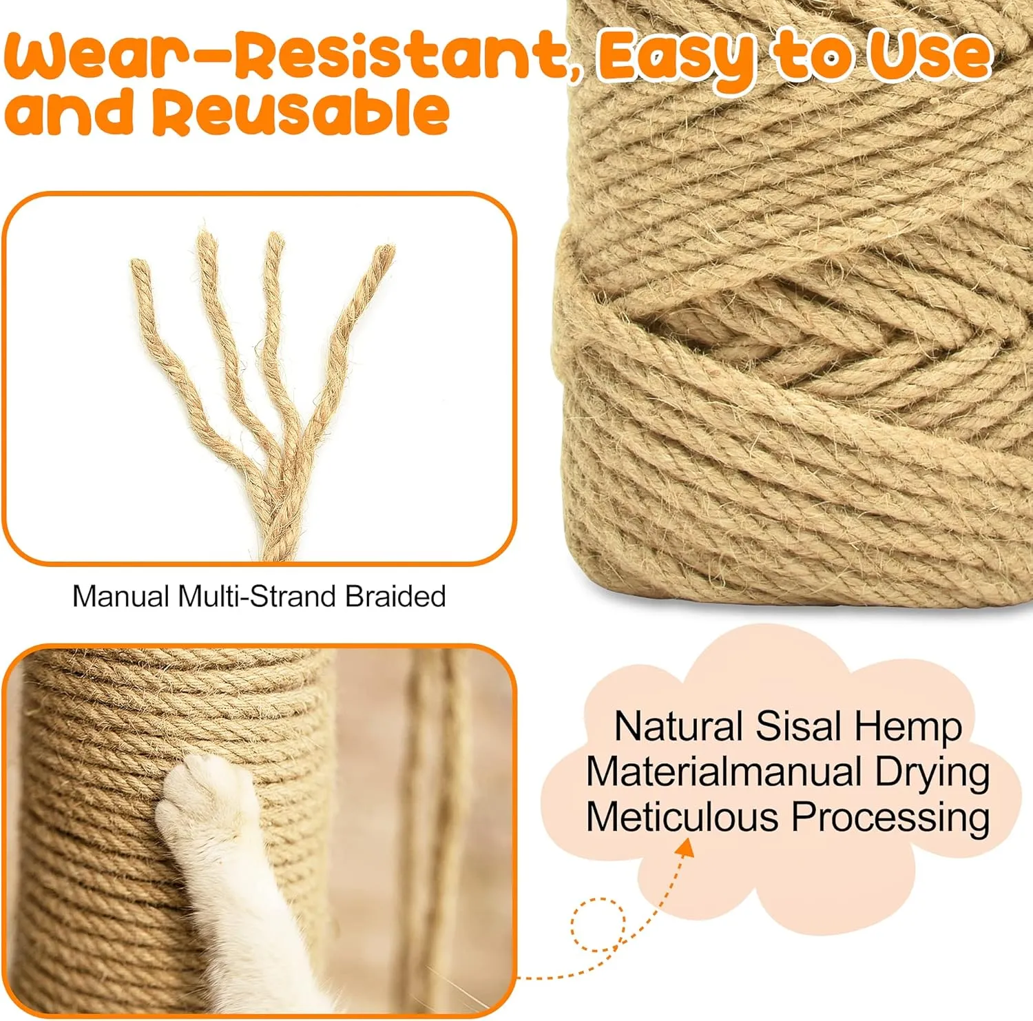 328FT/100M Cat Scratching Sisal Rope, 6mm Thick Natural Jute Rope for Scratch Posts, Cat Trees, DIY Projects, Sisal Rope for Scratcher with 2 Mouse Toys (Natural, 328ft)