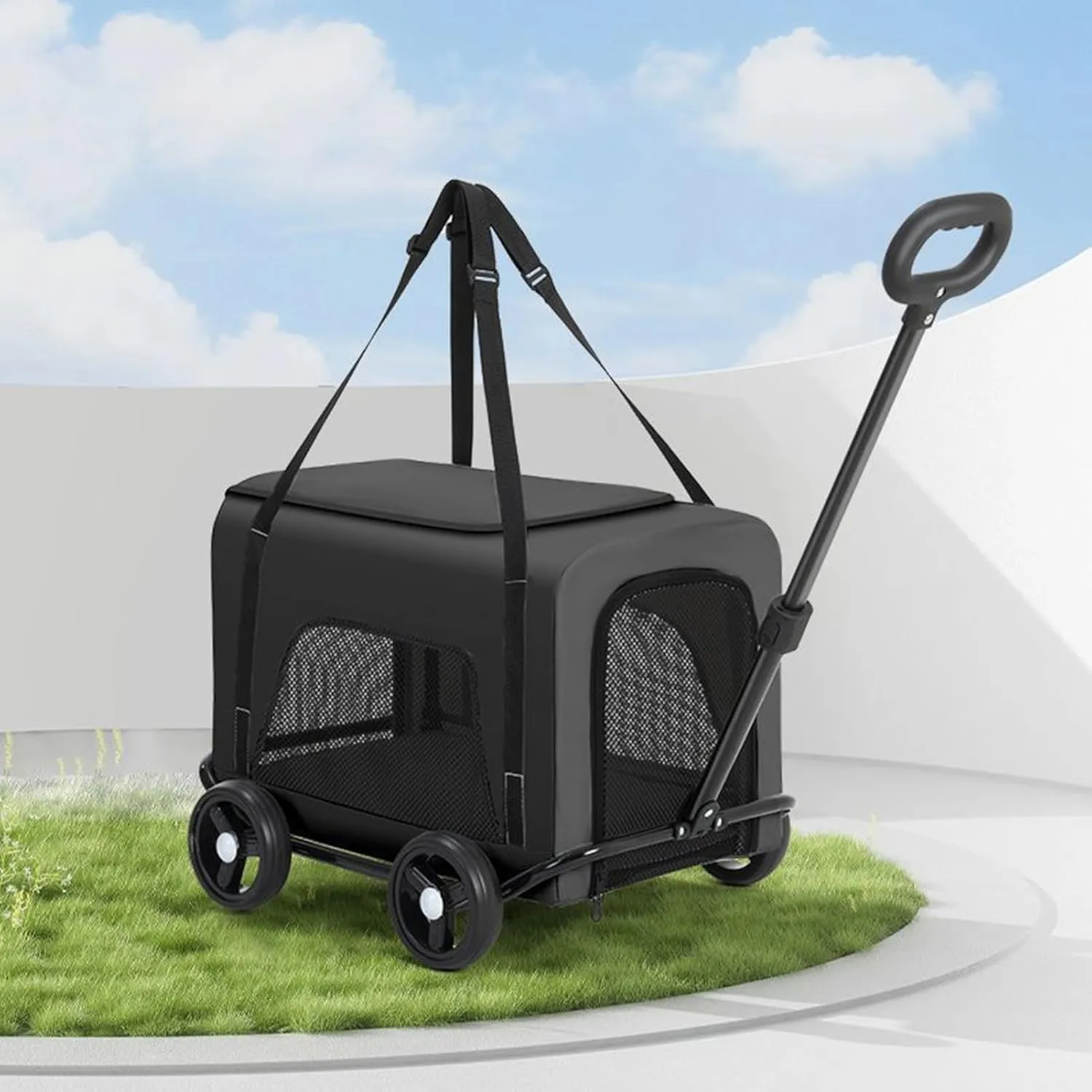 4 Wheel Foldable Pet Stroller for Dog, Breathable with 360 Rotatable Adjustable Handle Medium Dog and Cat, Light Easy Fold EVA Brake Mesh Windows, Strollers Outdoor Travel Black