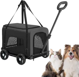 4 Wheel Foldable Pet Stroller for Dog, Breathable with 360 Rotatable Adjustable Handle Medium Dog and Cat, Light Easy Fold EVA Brake Mesh Windows, Strollers Outdoor Travel Black