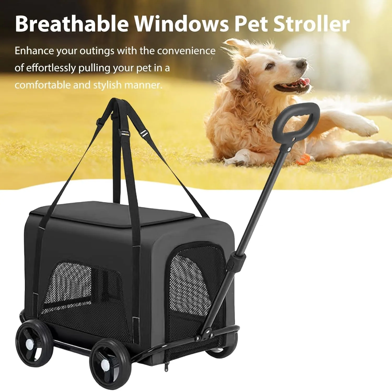 4 Wheel Foldable Pet Stroller for Dog, Breathable with 360 Rotatable Adjustable Handle Medium Dog and Cat, Light Easy Fold EVA Brake Mesh Windows, Strollers Outdoor Travel Black
