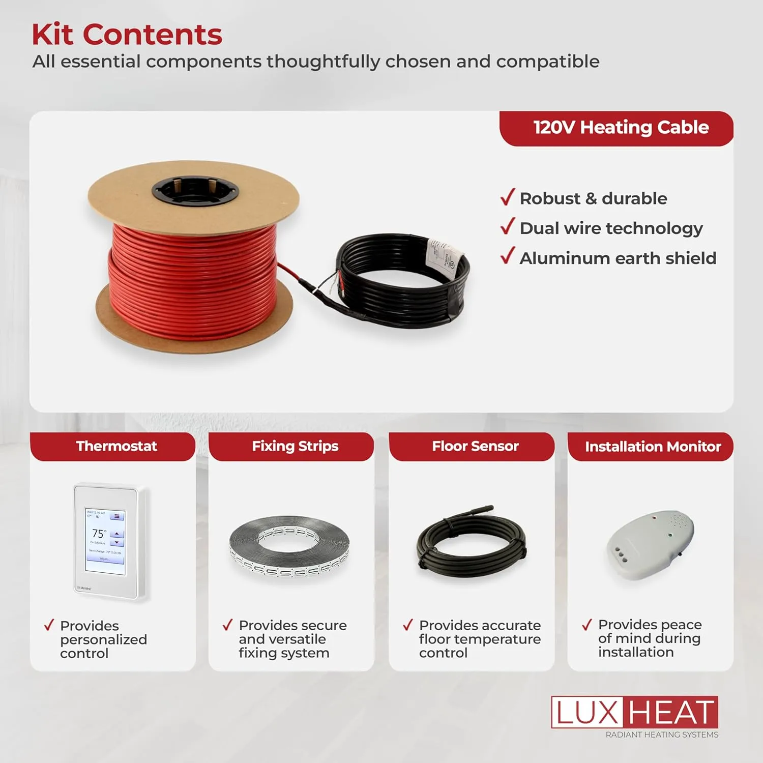 60sqft Floor Heating Cable Kit - 120v Electric Floor Heating System - Heated Flooring System Includes UDG4 Programmable Thermostat w/GFCI, Heater Cable, Strapping, Flooring Sensor & Alarm
