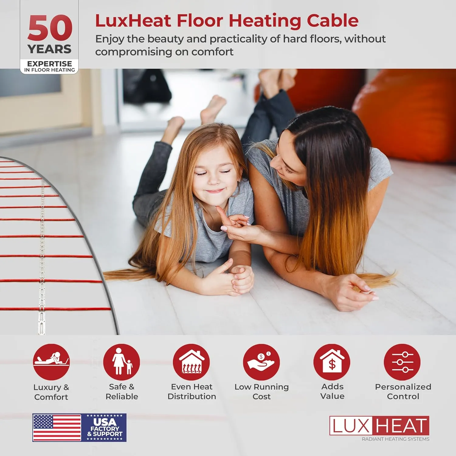 60sqft Floor Heating Cable Kit - 120v Electric Floor Heating System - Heated Flooring System Includes UDG4 Programmable Thermostat w/GFCI, Heater Cable, Strapping, Flooring Sensor & Alarm