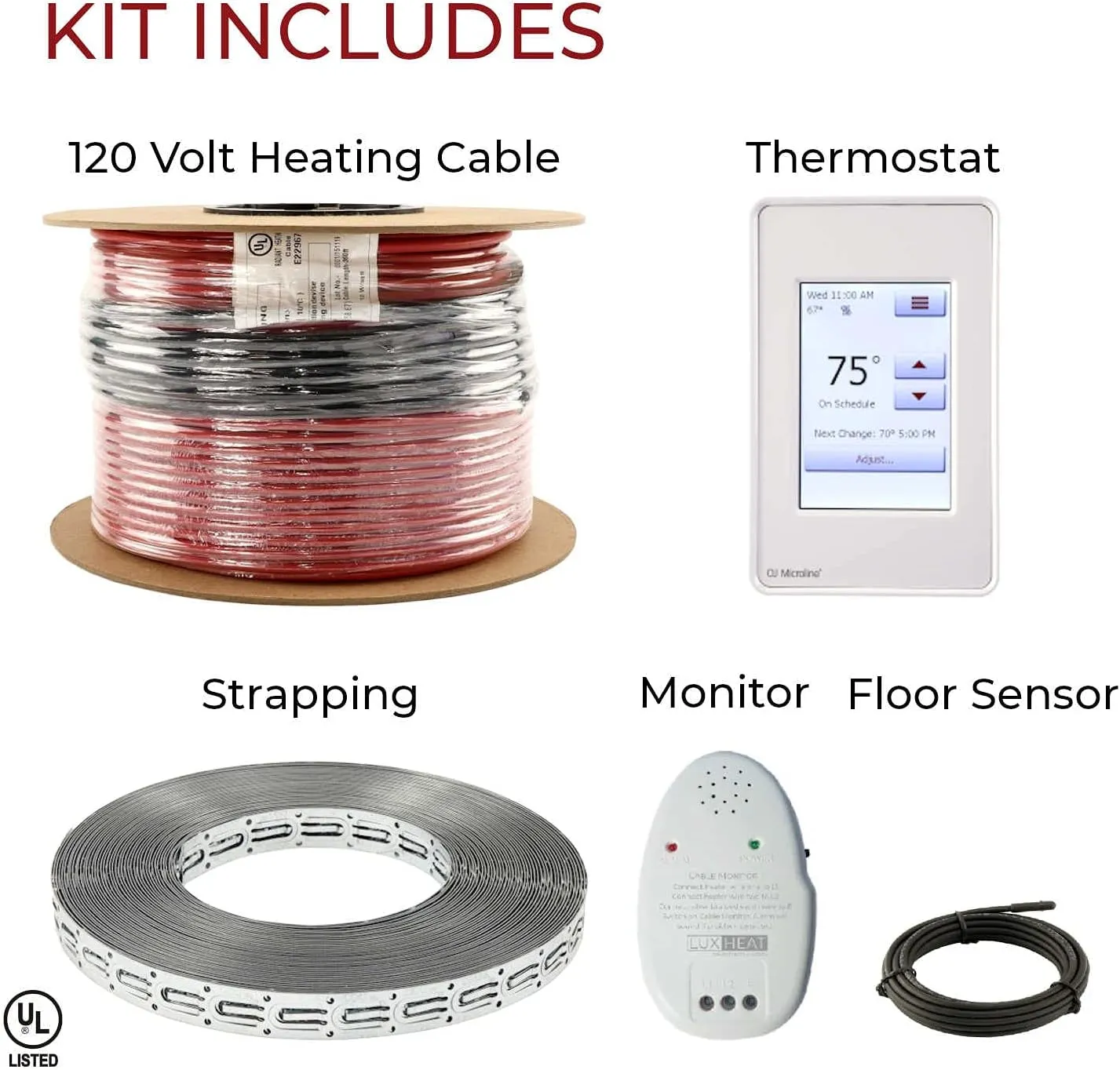 60sqft Floor Heating Cable Kit - 120v Electric Floor Heating System - Heated Flooring System Includes UDG4 Programmable Thermostat w/GFCI, Heater Cable, Strapping, Flooring Sensor & Alarm