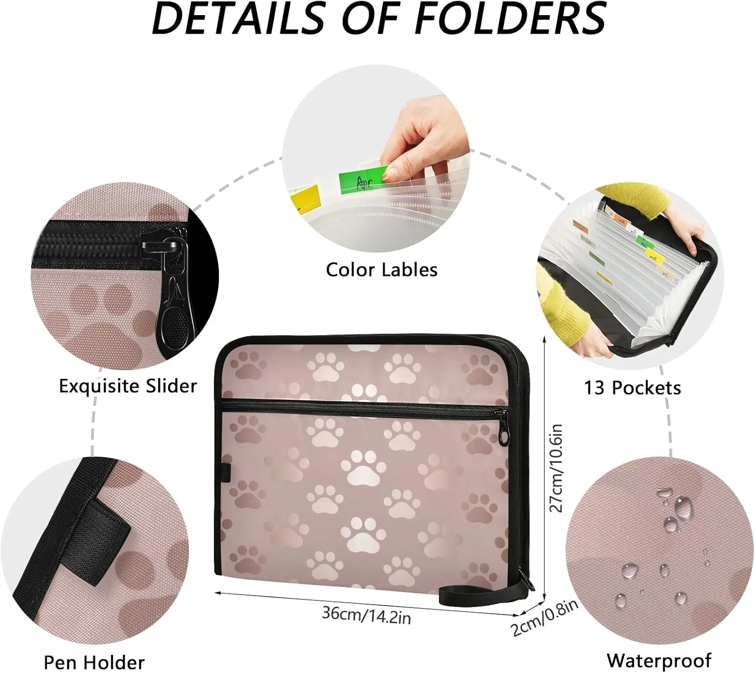 ALAZA Rose Gold Dog Paw 13 Pocket Expanding File Folder with Labels, Accordion File Folder File Organizer Letter A4 Paper for Office School Student