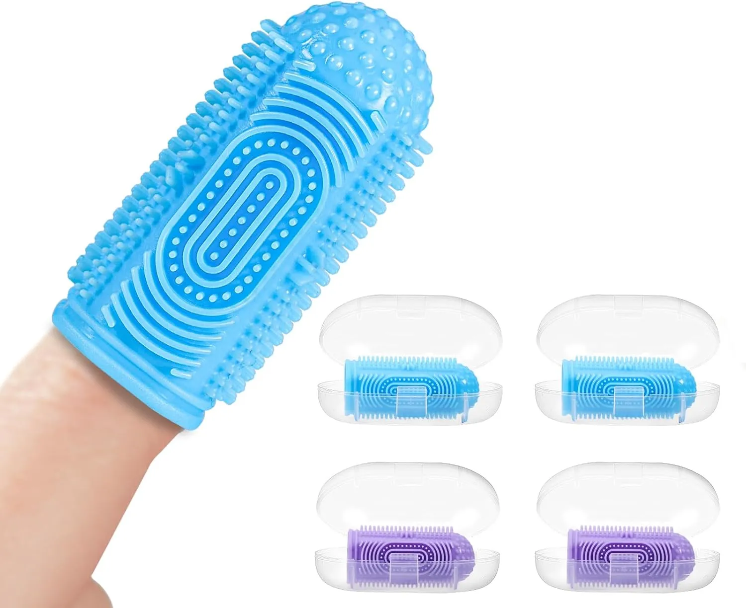 Baby Finger Toothbrushes 4 Pcs with 4 Storage Case, Silicone Baby Toothbrush Fingers Toothbrush for Toddlers 0-12 Months,Soft Finger Tooth Brushing Infant Fingers toothbrushes Blue Purple