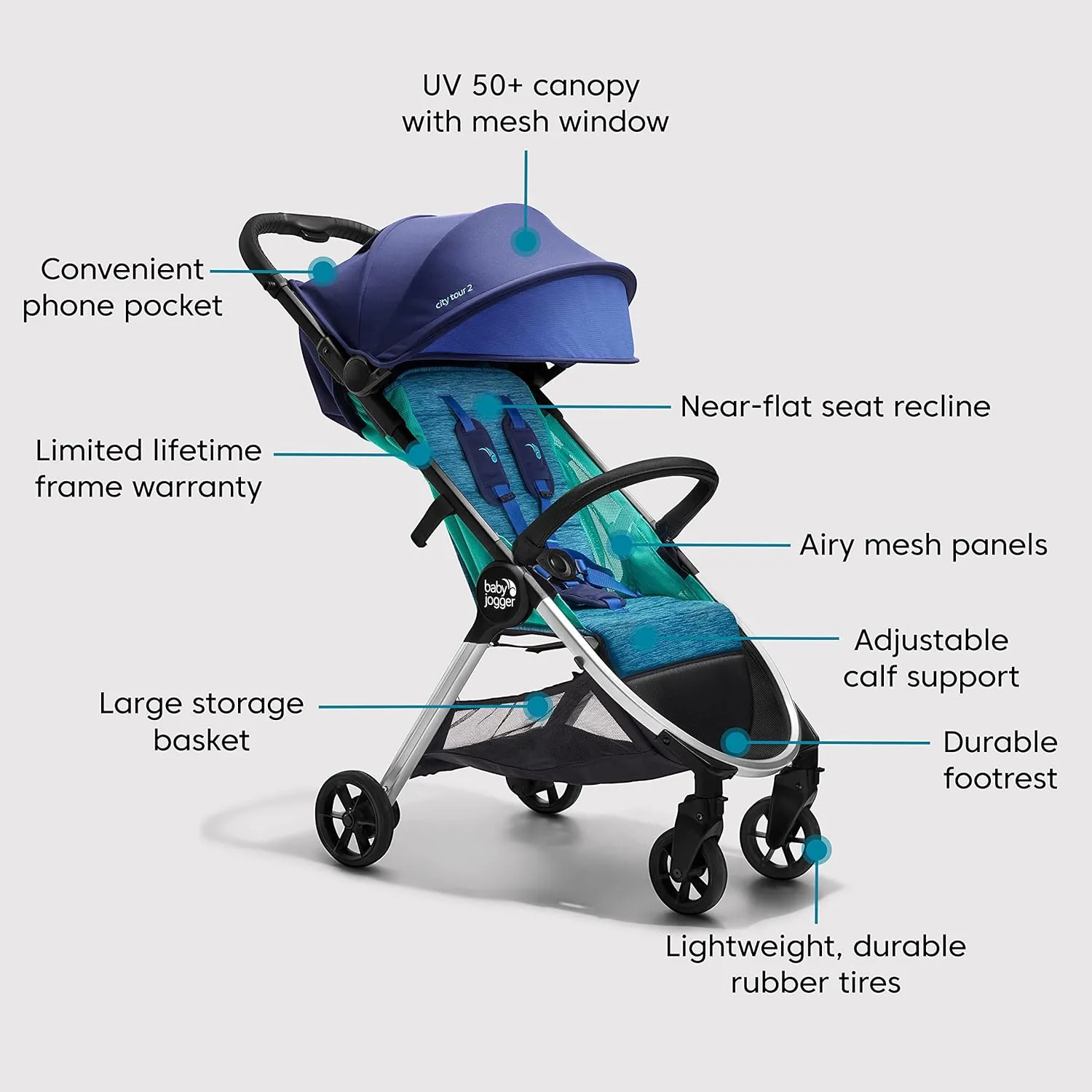 Baby Jogger City Tour 2 Ultra-Compact Travel Stroller Coastal