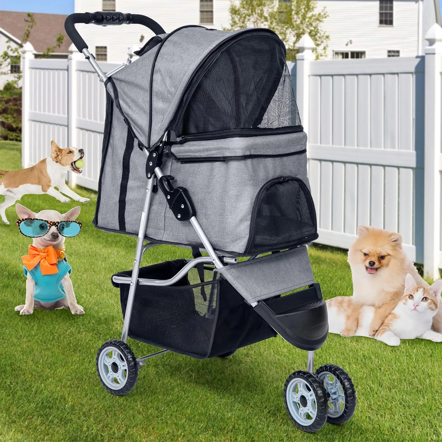 BLKMTY Pet Stroller 3 Wheels Dog Stroller Foldable Strollers for Cat Dog Waterproof Travel Carrier Strolling Cart for Puppy Small Dogs Jogger Strollers W/Cup Holder & Storage Basket, Grey