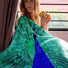 Blue peacock print throw blanket, lioness-love