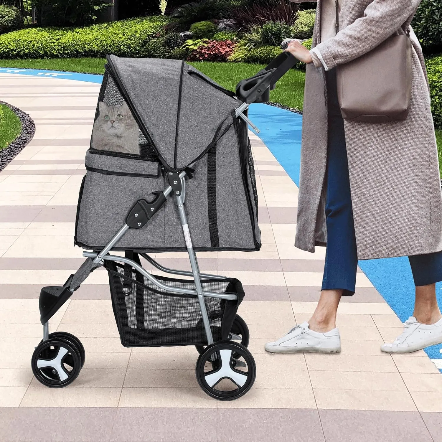 Cat Dog Stroller,3-Wheels Pet Stroller for Medium/Puppy Dogs 30 Lbs, Cat Strollers for 1 Cats, Foldable Dog Stroller with Storage Basket and Cup Holder, Breathable Mesh Grey