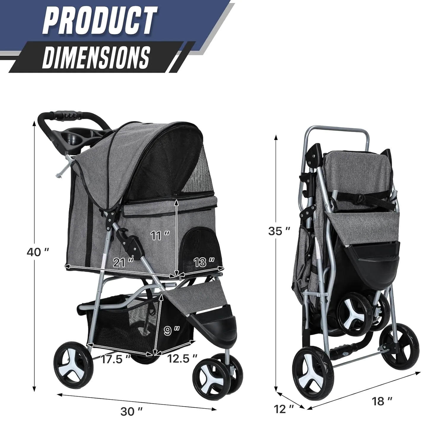 Cat Dog Stroller,3-Wheels Pet Stroller for Medium/Puppy Dogs 30 Lbs, Cat Strollers for 1 Cats, Foldable Dog Stroller with Storage Basket and Cup Holder, Breathable Mesh Grey