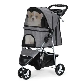 Cat Dog Stroller,3-Wheels Pet Stroller for Medium/Puppy Dogs 30 Lbs, Cat Strollers for 1 Cats, Foldable Dog Stroller with Storage Basket and Cup Holder, Breathable Mesh Grey