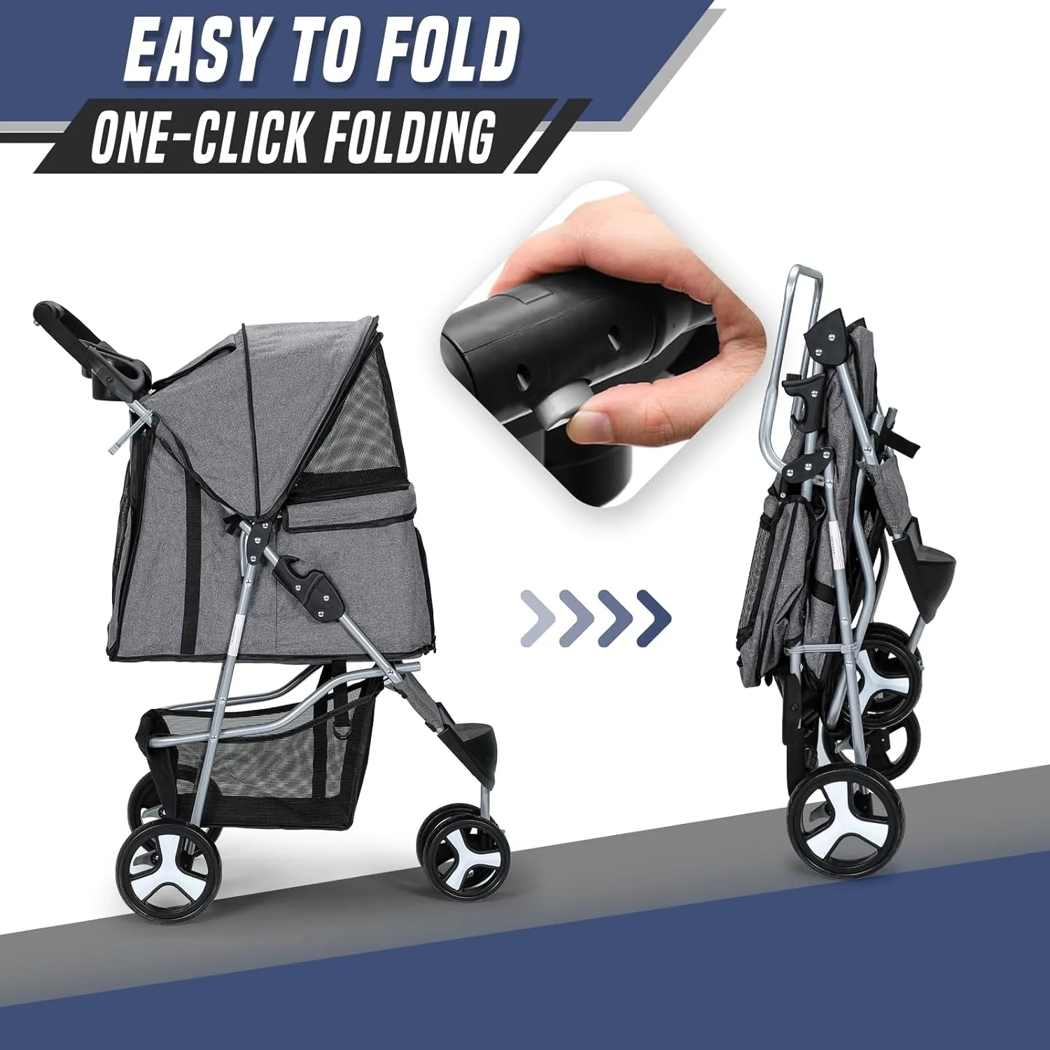 Cat Dog Stroller,3-Wheels Pet Stroller for Medium/Puppy Dogs 30 Lbs, Cat Strollers for 1 Cats, Foldable Dog Stroller with Storage Basket and Cup Holder, Breathable Mesh Grey