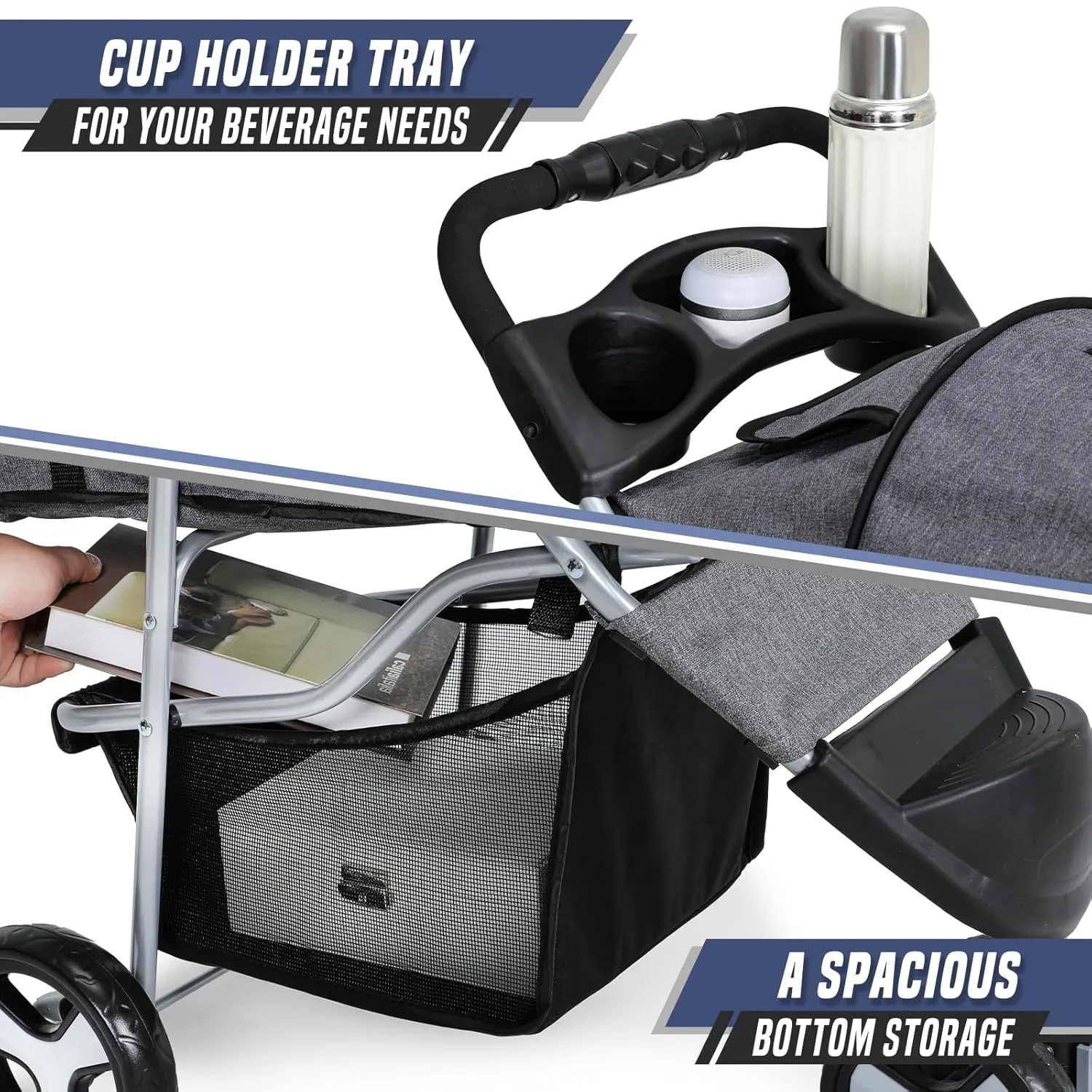 Cat Dog Stroller,3-Wheels Pet Stroller for Medium/Puppy Dogs 30 Lbs, Cat Strollers for 1 Cats, Foldable Dog Stroller with Storage Basket and Cup Holder, Breathable Mesh Grey
