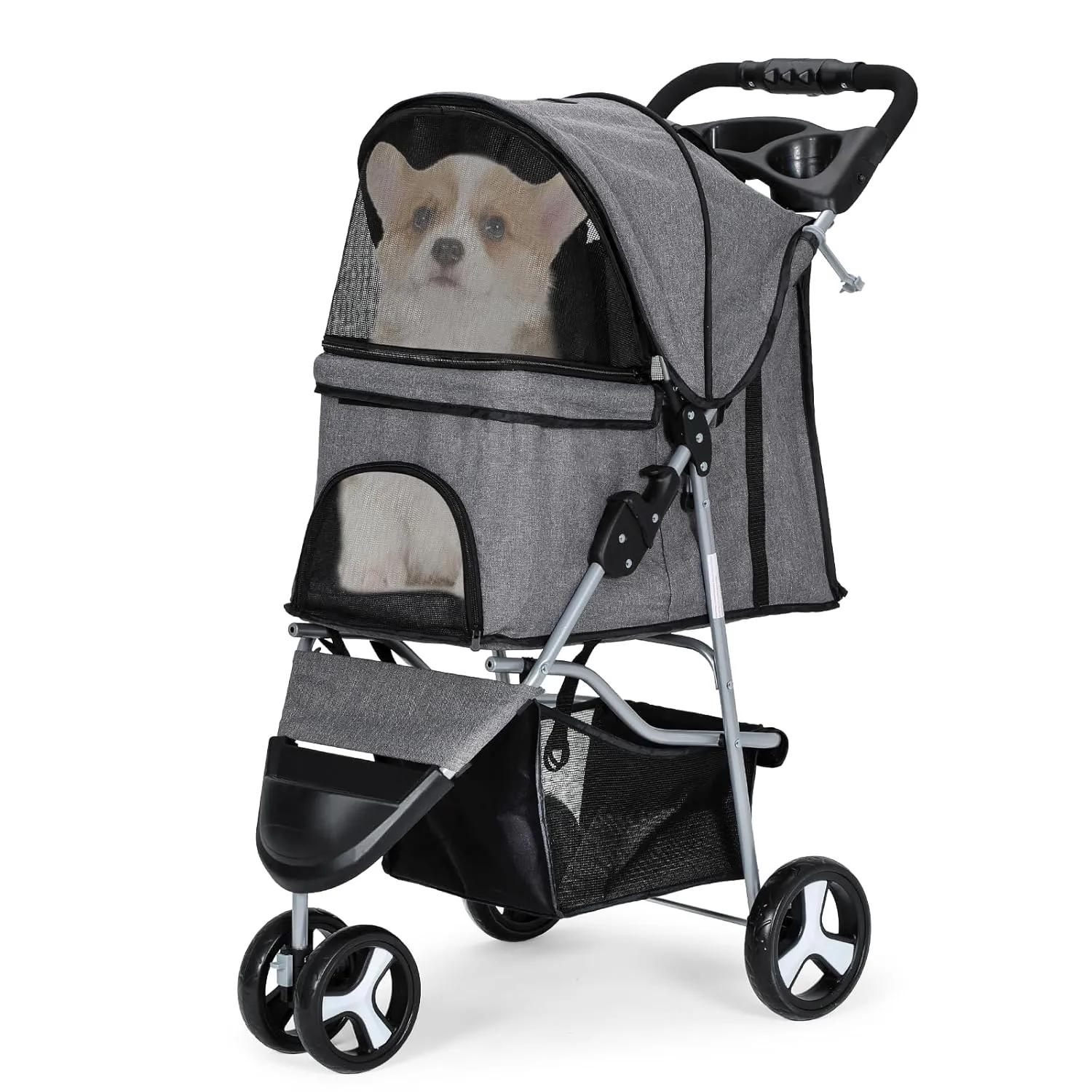Cat Dog Stroller,3-Wheels Pet Stroller for Medium/Puppy Dogs 30 Lbs, Cat Strollers for 1 Cats, Foldable Dog Stroller with Storage Basket and Cup Holder, Breathable Mesh Grey