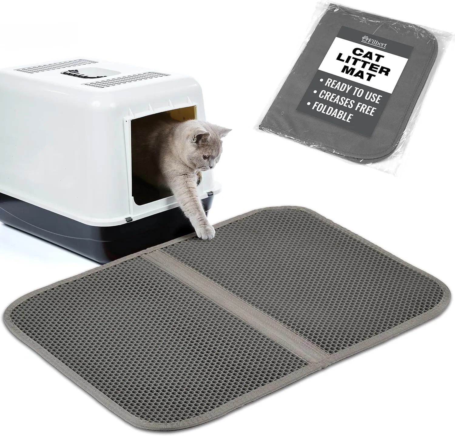 Cat Litter Mat, Foldable Cat Litter Mat, 23.6"x 14.8", Honeycomb Design, Skid-Proof, Water-Proof, Double Layer, Easy to Clean, Less Waste, Gray