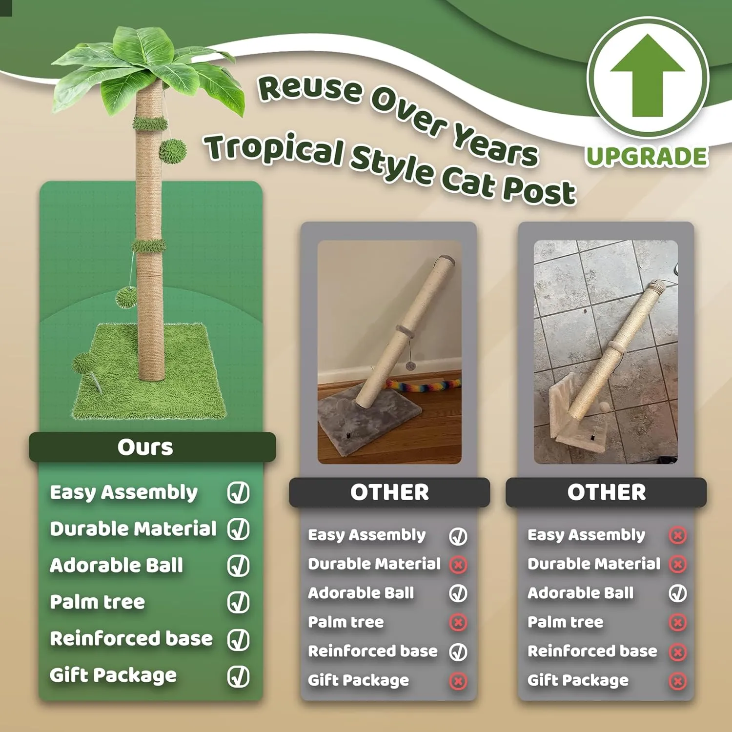 Cat Scratching Post, 34'' Tall Cat Scratchers for Indoor Cats with Adorable Balls, Cute Cat Tree Tower Scratch Post for Large Cats and Kittens, Green, Medium