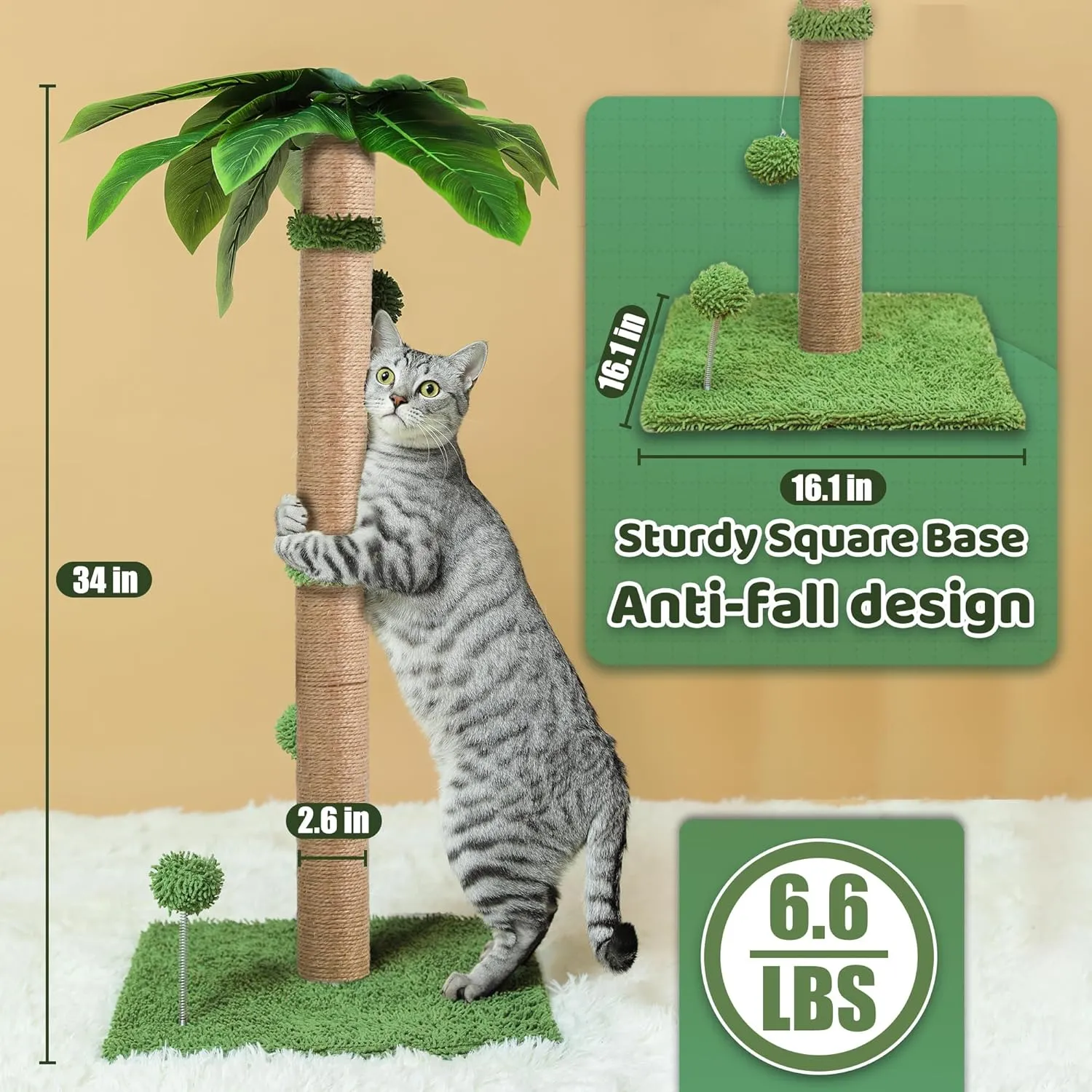Cat Scratching Post, 34'' Tall Cat Scratchers for Indoor Cats with Adorable Balls, Cute Cat Tree Tower Scratch Post for Large Cats and Kittens, Green, Medium