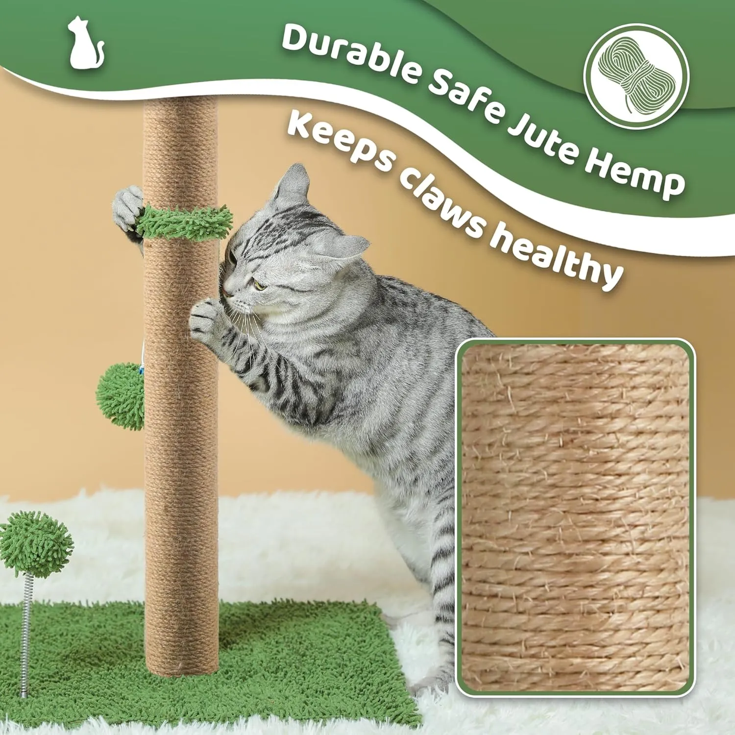 Cat Scratching Post, 34'' Tall Cat Scratchers for Indoor Cats with Adorable Balls, Cute Cat Tree Tower Scratch Post for Large Cats and Kittens, Green, Medium