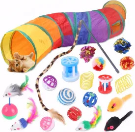 Cat Tunnel Toy Set for Indoor Cats  20 Pcs Collapsible Cat Tunnels & Tubes, Interactive Feather Wand, Balls, Toys for Kitten and Large Adult Cats