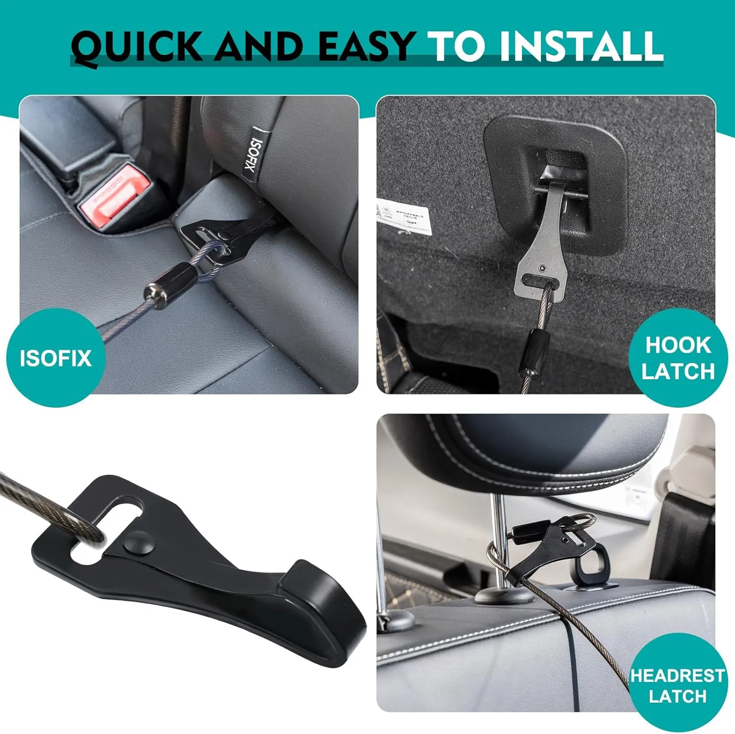 Chew Proof Dog Seat Belt for Car, 32 inch Black Dog Car Harness with Latch Bar Attachment and Aviation Aluminum Carabiner Up to 1000 lbs, Secure Dog Seatbelt Leash 1 Pack