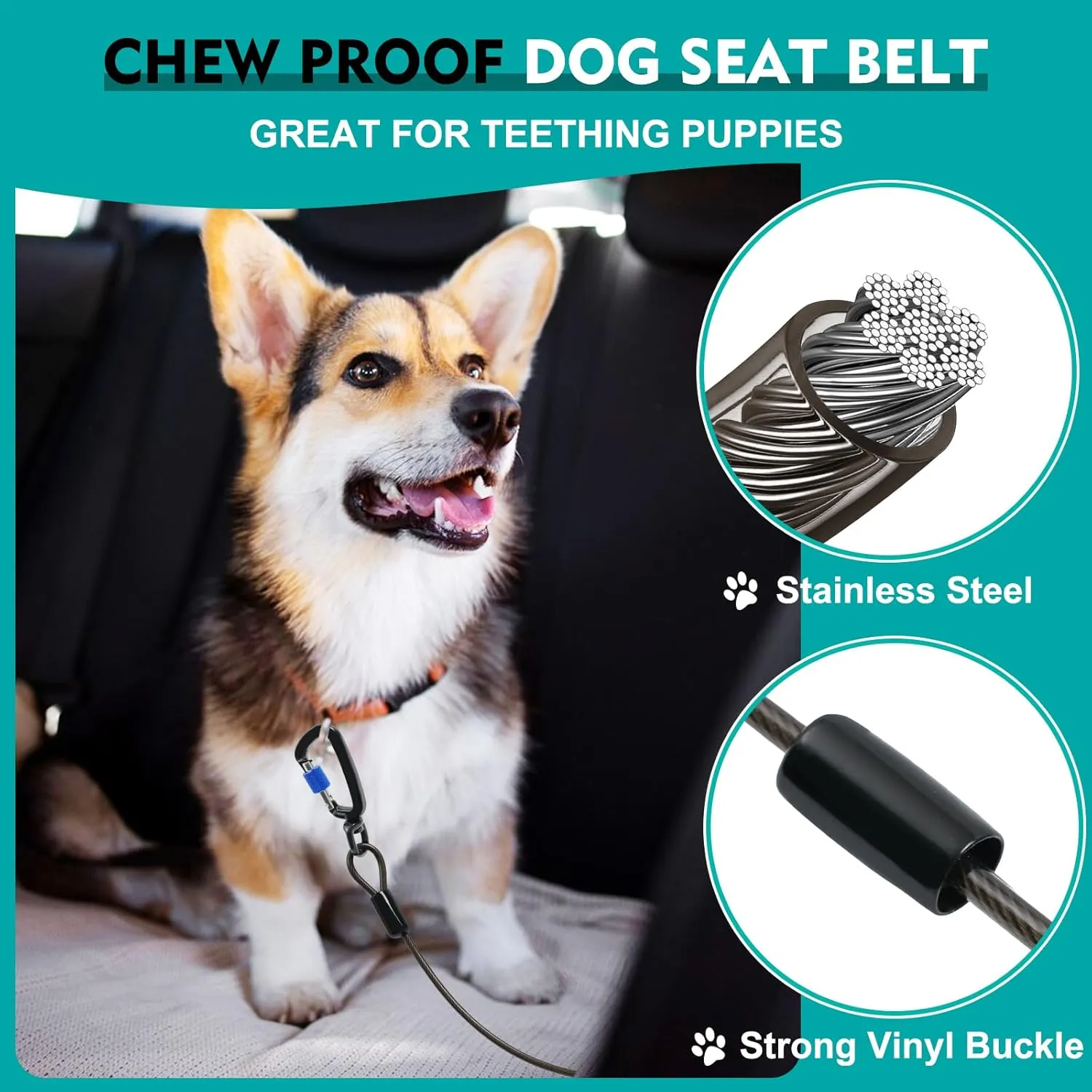 Chew Proof Dog Seat Belt for Car, 32 inch Black Dog Car Harness with Latch Bar Attachment and Aviation Aluminum Carabiner Up to 1000 lbs, Secure Dog Seatbelt Leash 1 Pack