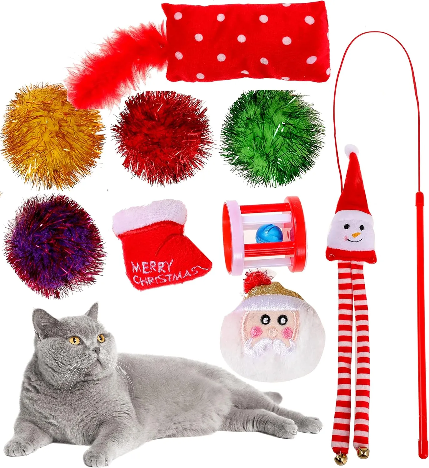 Christmas Cat Toys Set - Interactive Cat Feather Toy & Cat Plush Toys & Sparkle Balls & Cat Toys with Catnip for Small, Medium, Large Cats