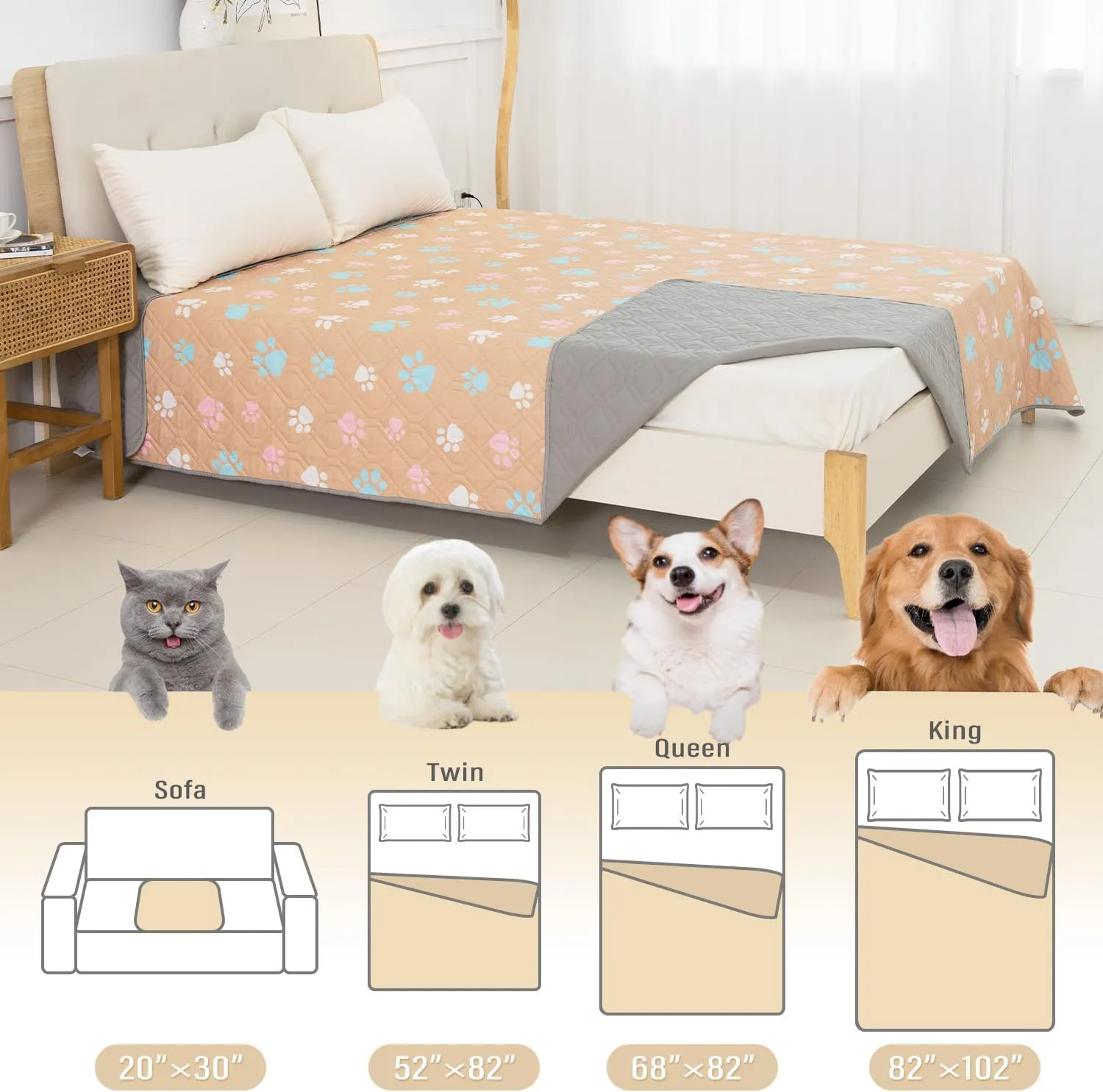 Dog Bed Cover for Pets Blankets Rug Pads for Couch Protection Waterproof Bed Covers Dog Blanket Furniture Protector Reusable Changing Pad (Yellow Colorful Paw, 52"x82")