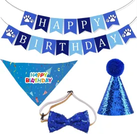 Dog Cat Birthday Party Supplies, Birthday Hat Banner Set Bandana Scarf with Cute Bow Tie for Large Medium Small Pet (Blue)