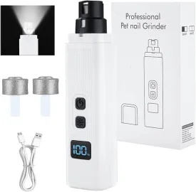 Dog Cat Nail Grinder, 2-Speed Electric Rechargeable Pet Nail Trimmer with LED Light and Battery Display - Painless Paws Grooming Smoothing for Small to Large Pets, Thick Nails, Sensitive Paws (White)