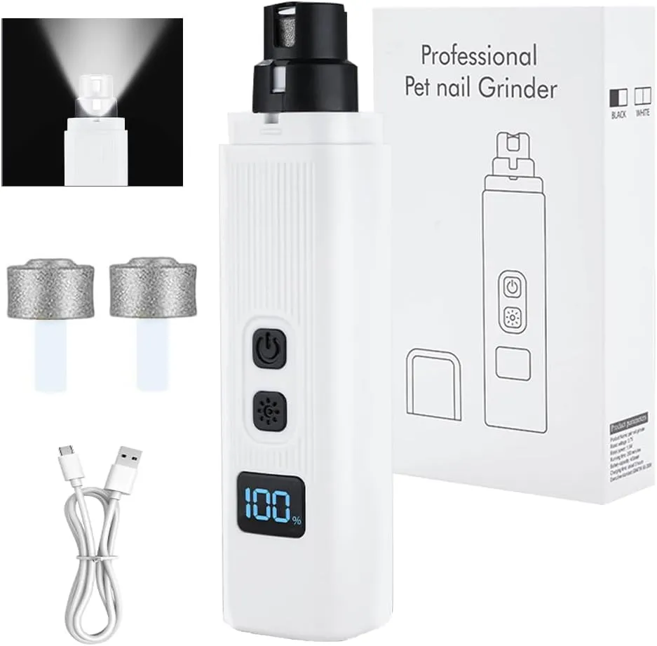 Dog Cat Nail Grinder, 2-Speed Electric Rechargeable Pet Nail Trimmer with LED Light and Battery Display - Painless Paws Grooming Smoothing for Small to Large Pets, Thick Nails, Sensitive Paws (White)