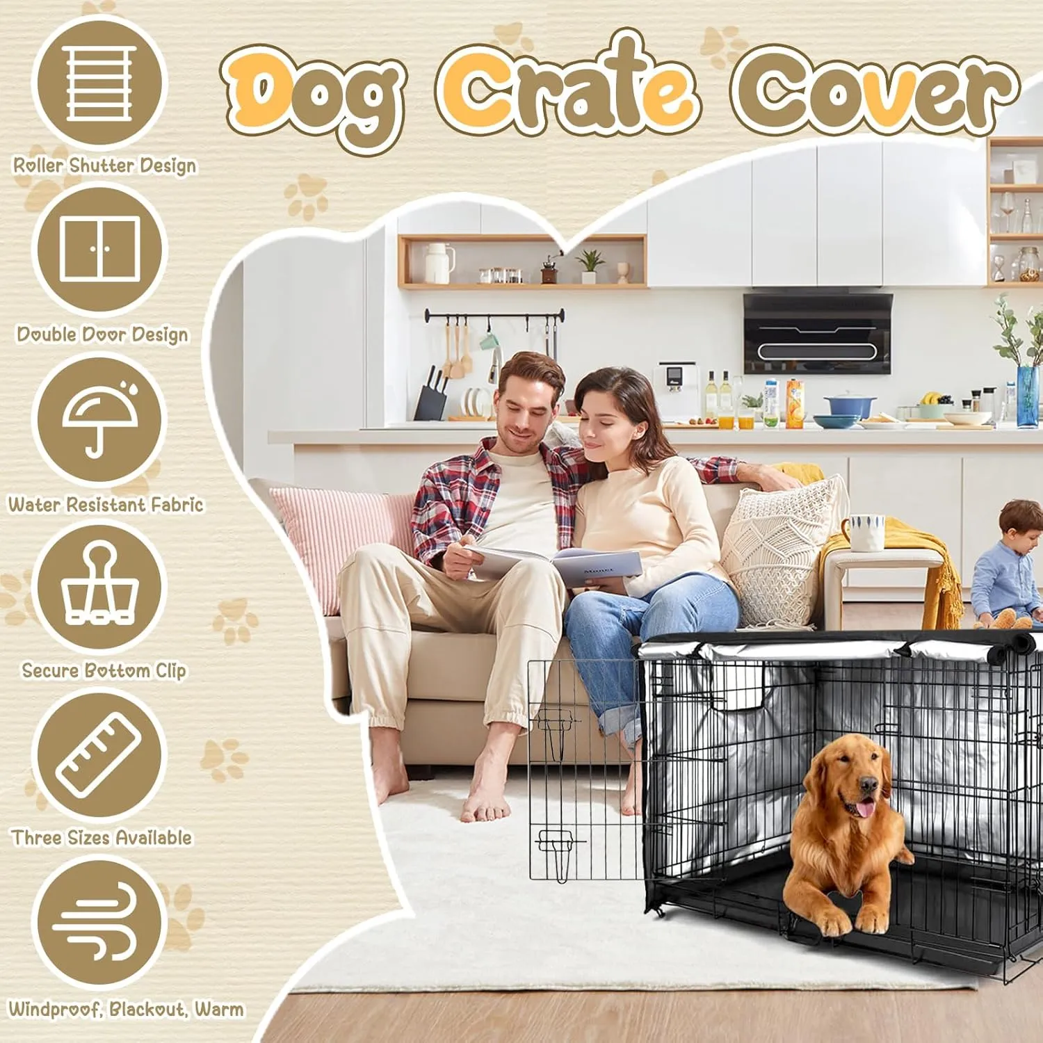 Dog Crate Cover, 36in Waterproof Dog Kennel Cover, Double Door Crate Covers for Dog Cages, Cage Covers for Dog Crates with Air Vent Windowwith Flap, Three (42in)