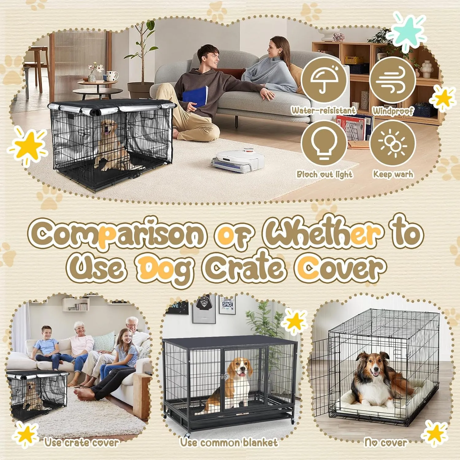 Dog Crate Cover, 36in Waterproof Dog Kennel Cover, Double Door Crate Covers for Dog Cages, Cage Covers for Dog Crates with Air Vent Windowwith Flap, Three (42in)