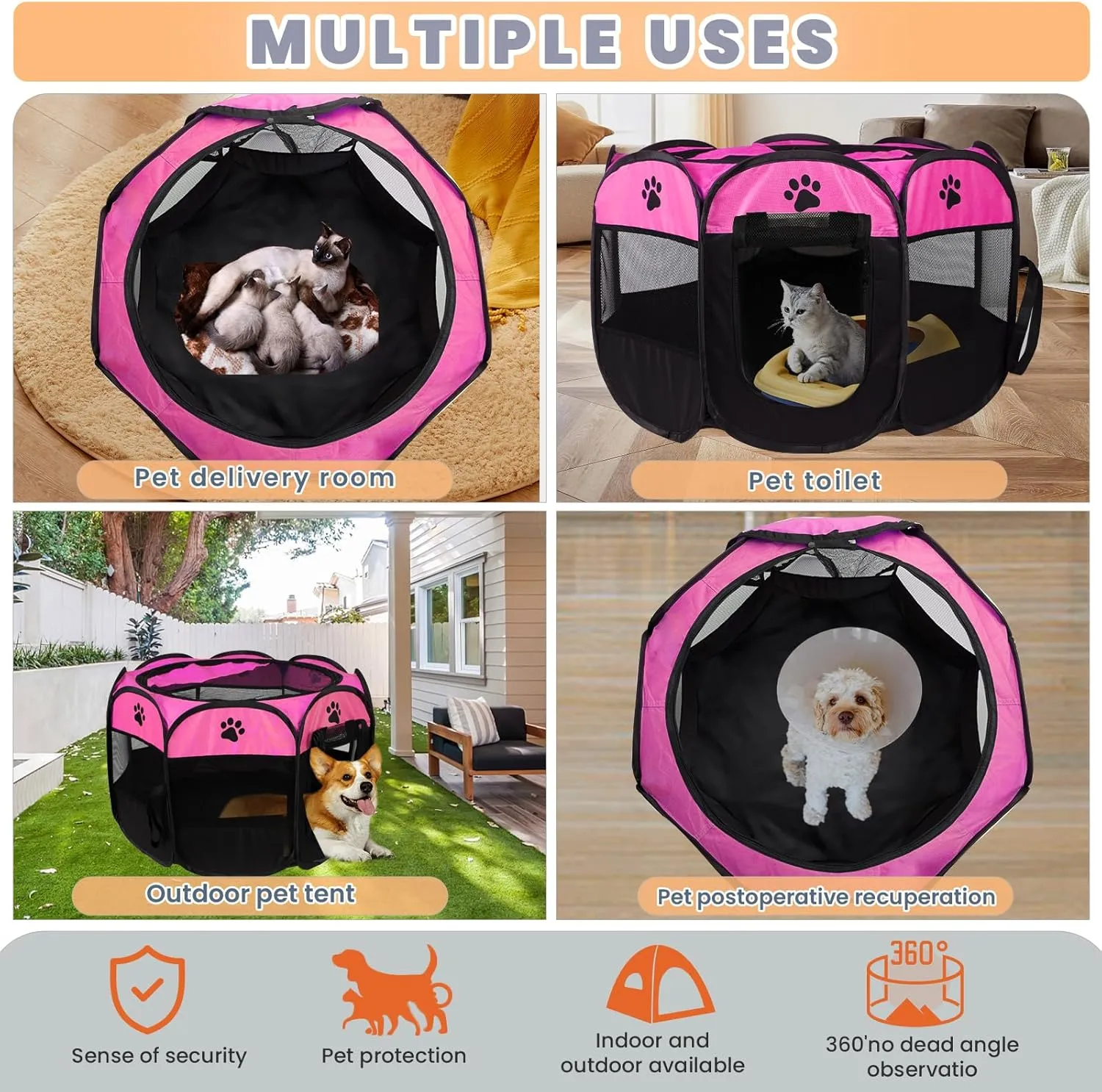Dog Playpen, Puppy Pet Cat Playpen Indoor for Small Dogs Tent Crates Cage Indoor/Outdoor, Portable Pop Up Dog Kennel Playpen with for Dogs/Cats/Rabbits, Removable Zipper Top(Small Size, Pink)