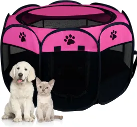 Dog Playpen, Puppy Pet Cat Playpen Indoor for Small Dogs Tent Crates Cage Indoor/Outdoor, Portable Pop Up Dog Kennel Playpen with for Dogs/Cats/Rabbits, Removable Zipper Top(Small Size, Pink)