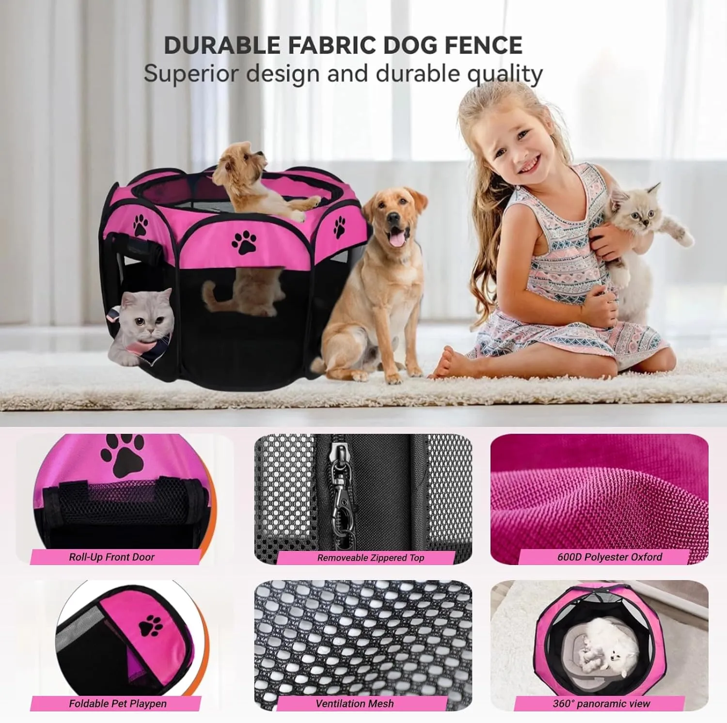 Dog Playpen, Puppy Pet Cat Playpen Indoor for Small Dogs Tent Crates Cage Indoor/Outdoor, Portable Pop Up Dog Kennel Playpen with for Dogs/Cats/Rabbits, Removable Zipper Top(Small Size, Pink)