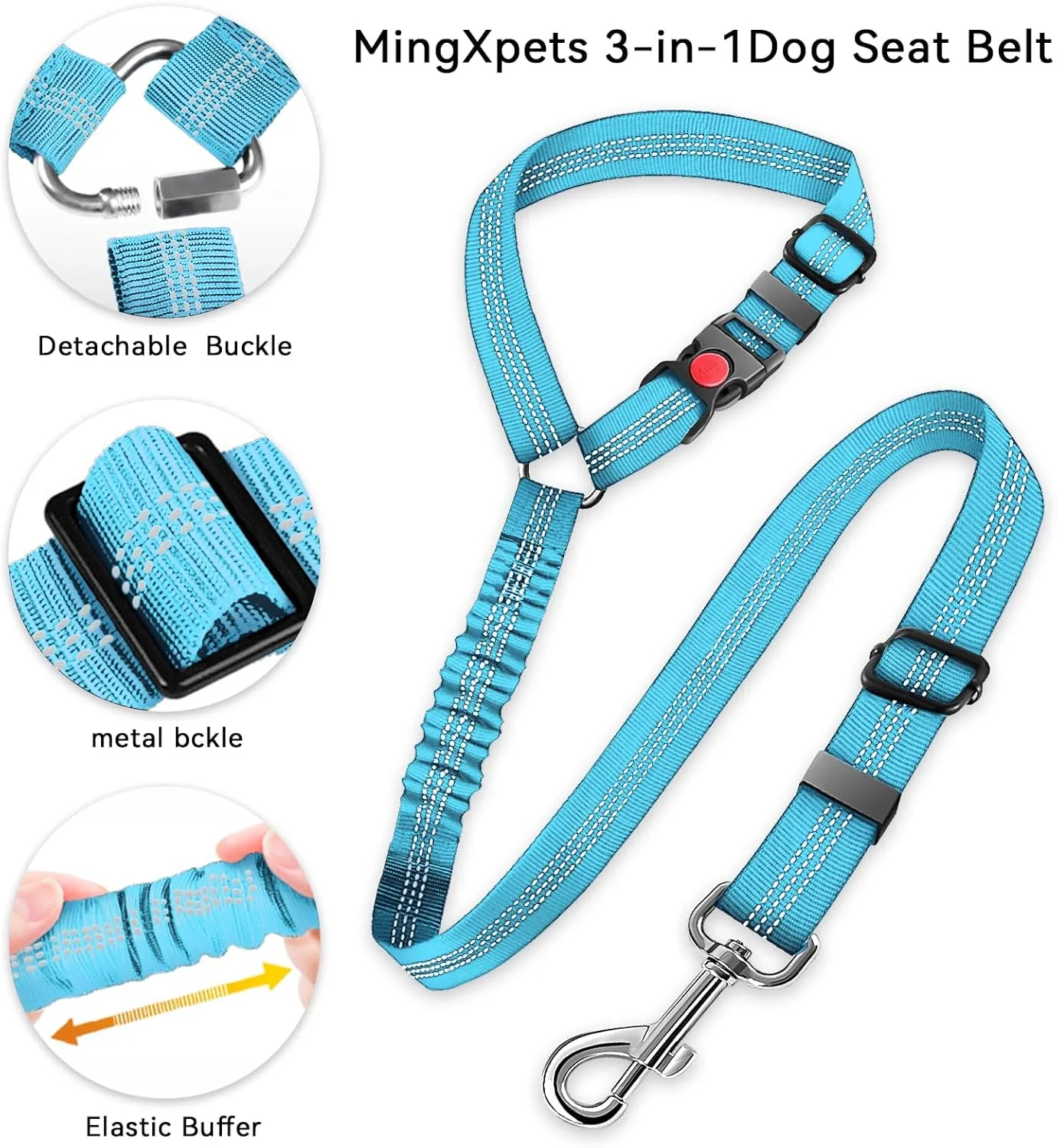 Dog Seat Belt for car, 3 Piece Set Retractable Dog Car Harness 2 Pack Adjustable Seatbelt for Dog in car, Nylon Pet Safety Seat Belts Tether Heavy Duty and Reflective car Leash, Blue