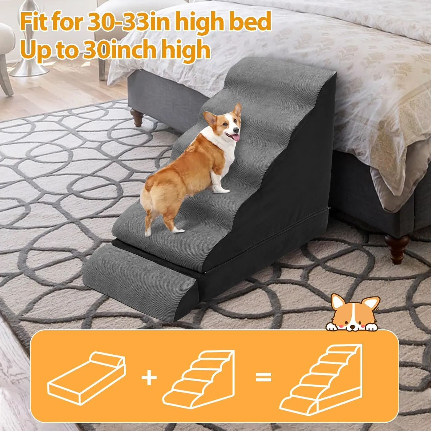 Dog Stairs/Steps for High Beds up to 30-36 inches, A.FATI 6 Step Foam Pet Steps for Small Dogs/Old Pets, 30" H Non-Slip Dog Ramp for Bed, Dark Grey
