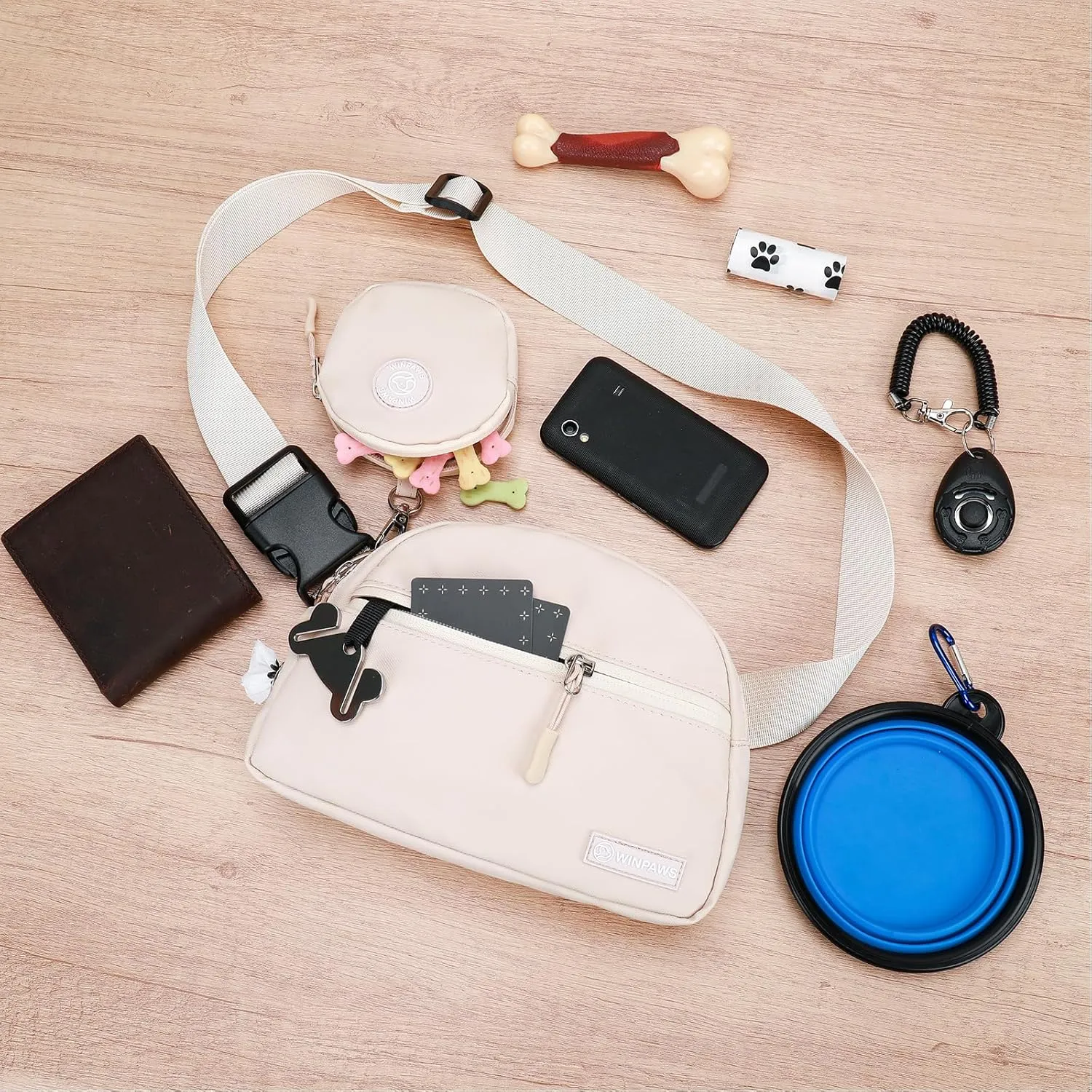 Dog Treat Pouch Pet Training Walking Fanny Pack with Built-in Poop Bag Dispenser & Waste Bag Holder | Stylish Puppy Training Essentials Supplies | Free Dog Clicker (Cream)