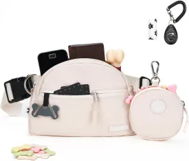 Dog Treat Pouch Pet Training Walking Fanny Pack with Built-in Poop Bag Dispenser & Waste Bag Holder | Stylish Puppy Training Essentials Supplies | Free Dog Clicker (Cream)