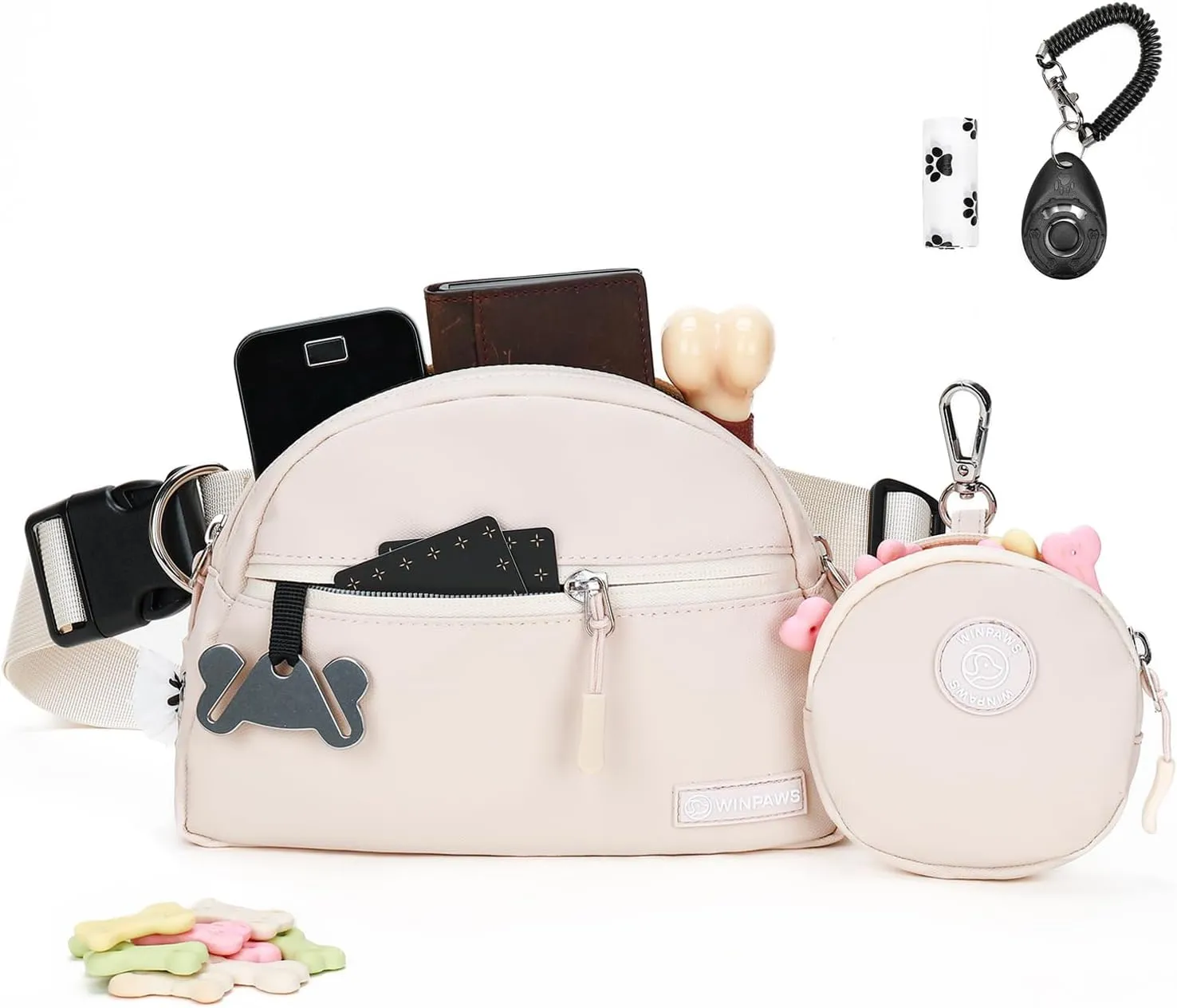 Dog Treat Pouch Pet Training Walking Fanny Pack with Built-in Poop Bag Dispenser & Waste Bag Holder | Stylish Puppy Training Essentials Supplies | Free Dog Clicker (Cream)
