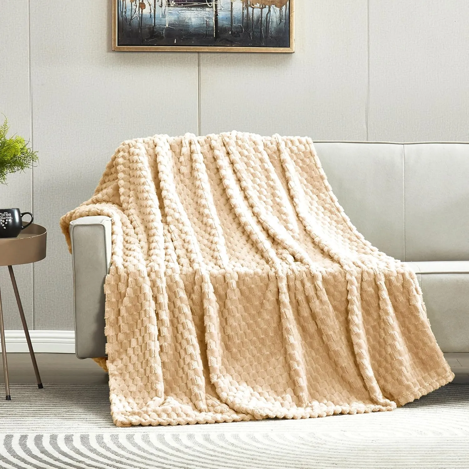 DREAMNINE Oversized Soft Plush Fleece Throw Blanket for Couch Bed 60" x 80", Luxury Shaggy Lightweight 3D Patterned Velvet Flannel Blanket, Solid Cute Warm Lap Blanket for Winter Pet, Twin Size, Beige
