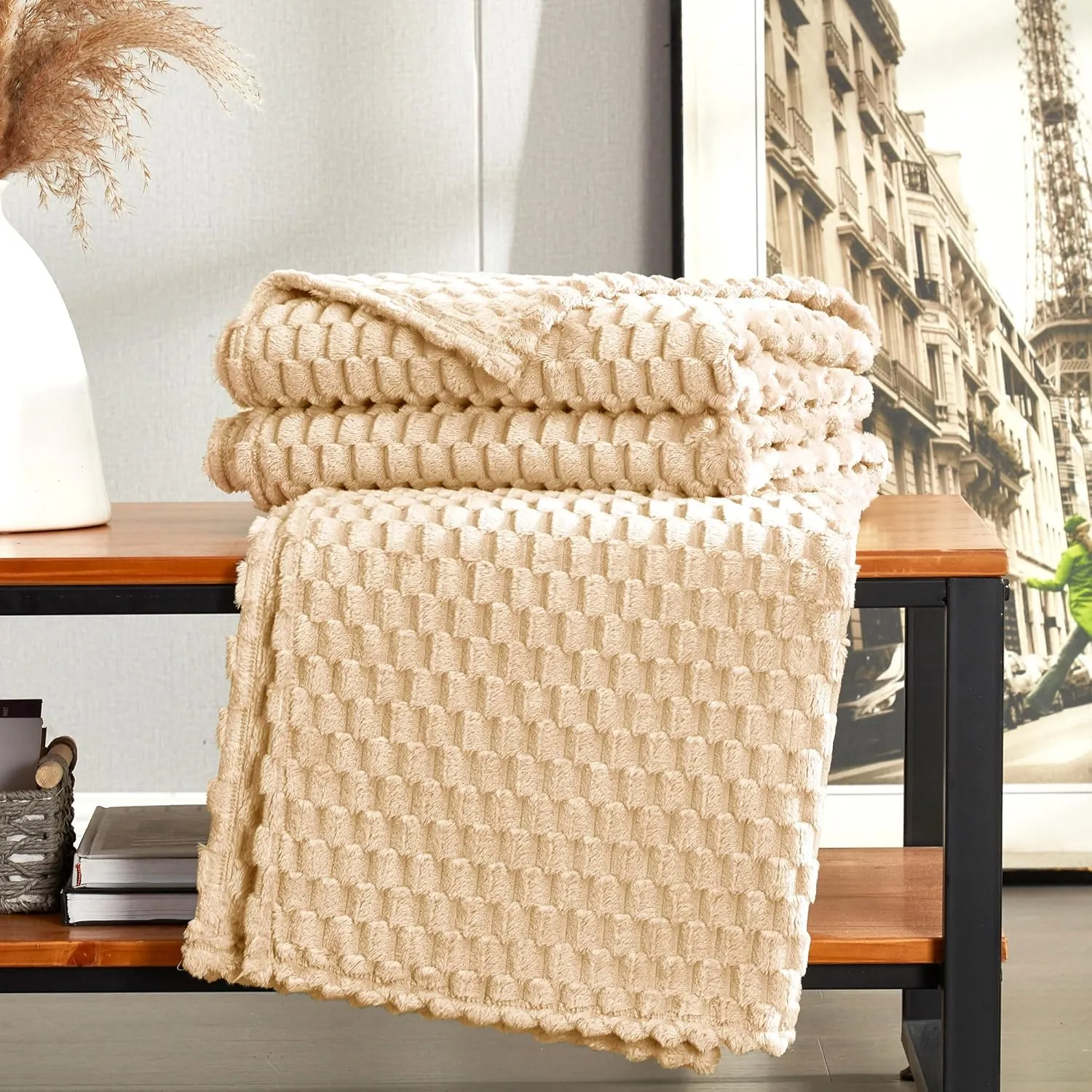 DREAMNINE Oversized Soft Plush Fleece Throw Blanket for Couch Bed 60" x 80", Luxury Shaggy Lightweight 3D Patterned Velvet Flannel Blanket, Solid Cute Warm Lap Blanket for Winter Pet, Twin Size, Beige