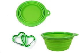 Foldable Collapsible Silicone Pet Travel Bowls with Heart Clips Set of 2 (Green)