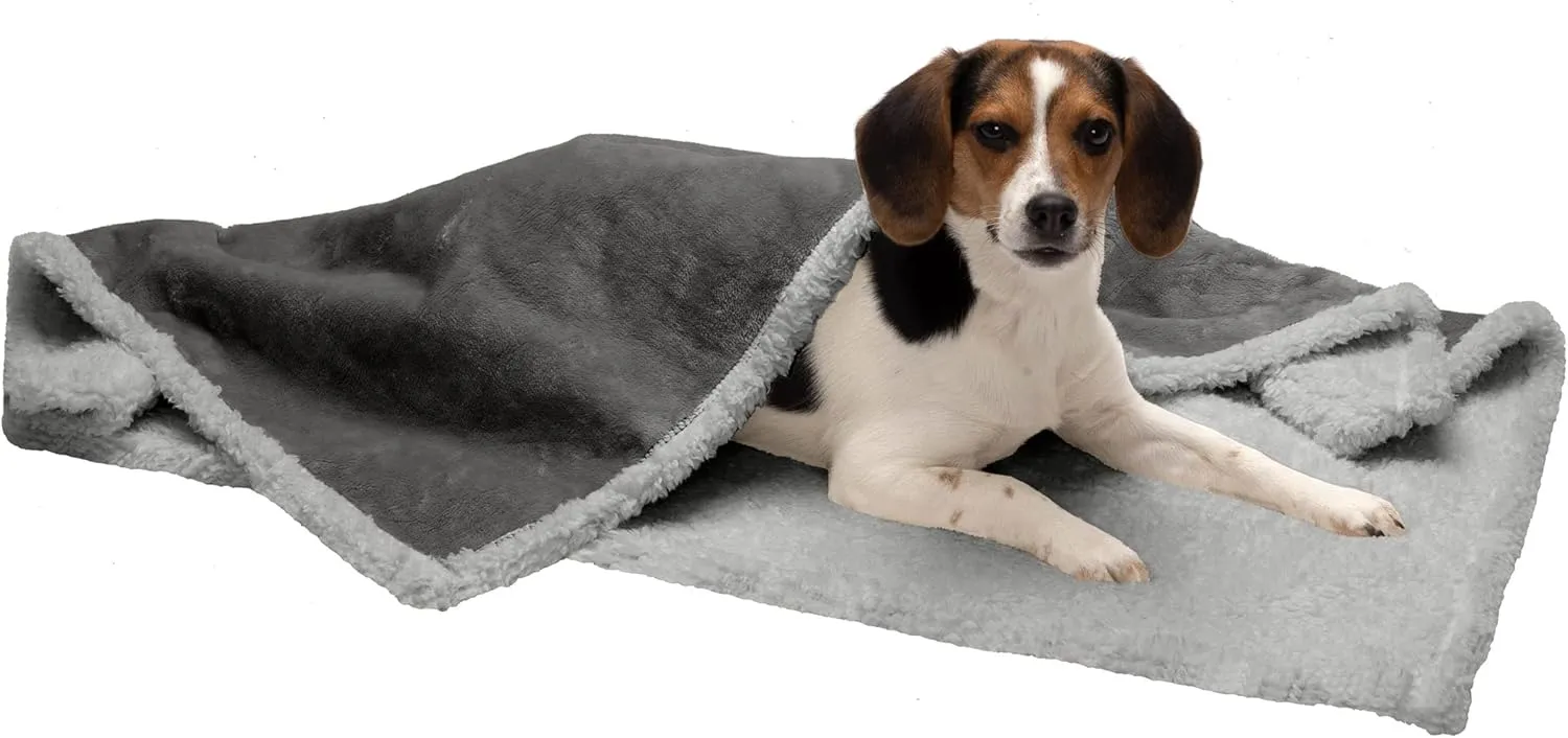 Furhaven Waterproof & Self-Warming Throw Blanket for Dogs & Indoor Cats, Washable & Reflects Body Heat - Soft-Edged Terry & Sherpa Dog Blanket - Silver Gray, Medium