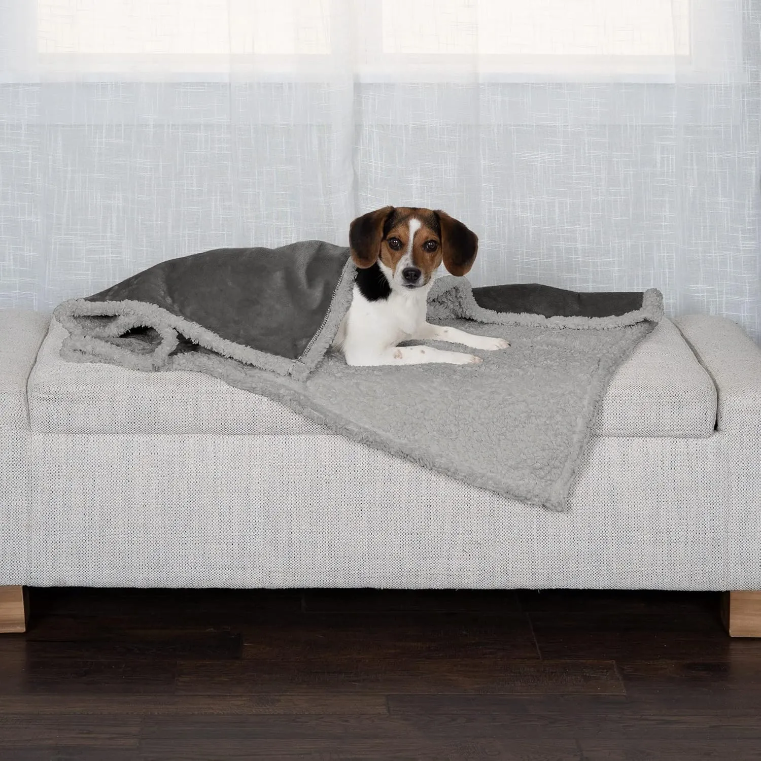 Furhaven Waterproof & Self-Warming Throw Blanket for Dogs & Indoor Cats, Washable & Reflects Body Heat - Soft-Edged Terry & Sherpa Dog Blanket - Silver Gray, Medium