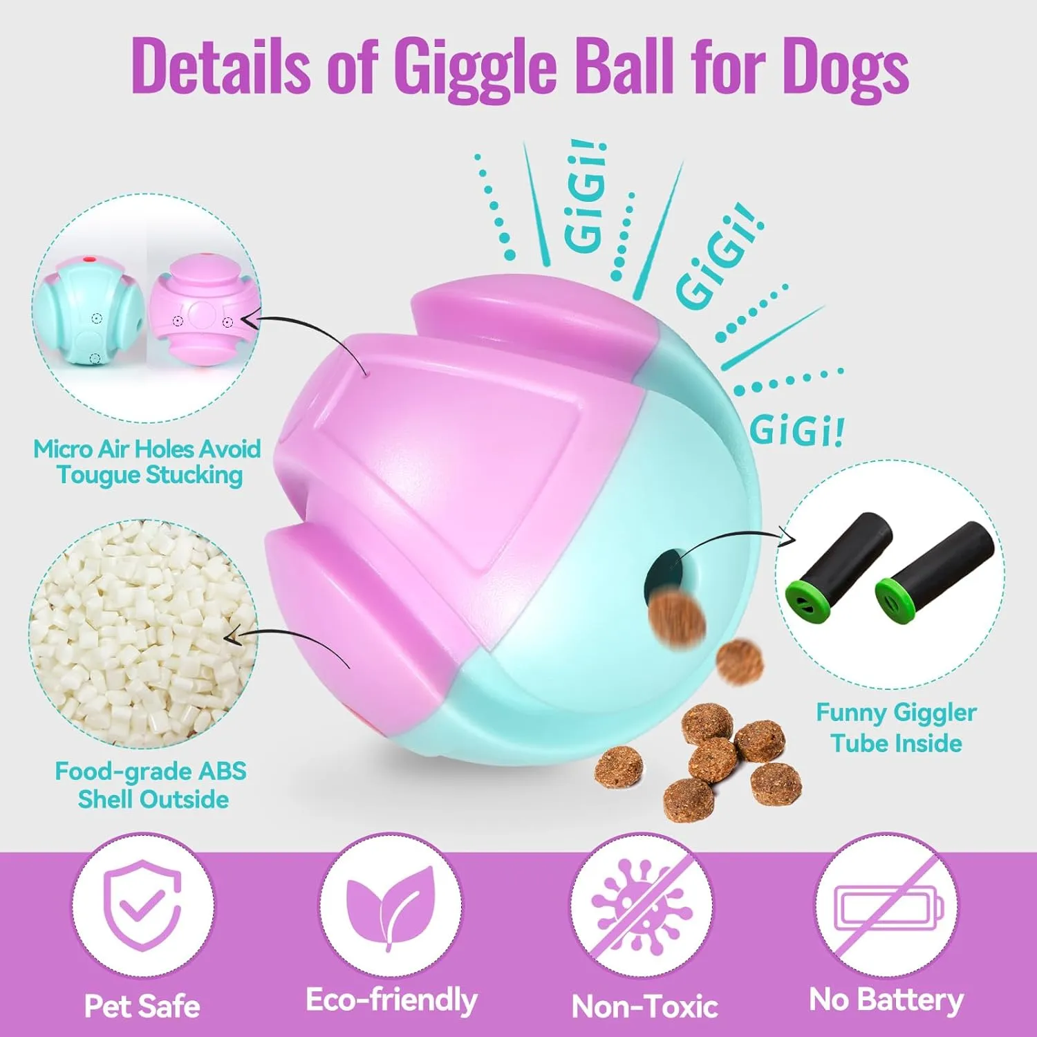 Giggle Ball, Indestructible Chew Toy for Aggressive Chewers, Interactive Squeaky Ball with Treat Dispenser, Durable Dog Puzzle Feeder for Small/Medium/Large Dogs (Blue-Pink)
